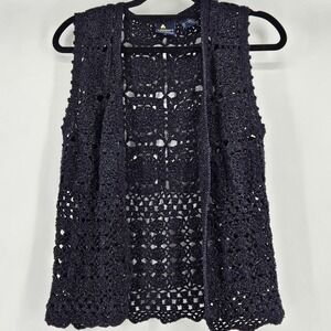 Vintage Womens Crochet Vest Sparkle Metallic Med Boho Hippie Whimsigoth Cottage